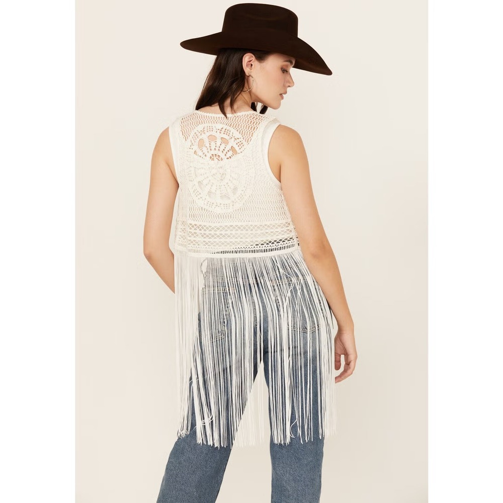 Idyllwind Hawls Crochet Fringe Vest Women's XL White Cowgirl Hippie Rodeo NEW‎